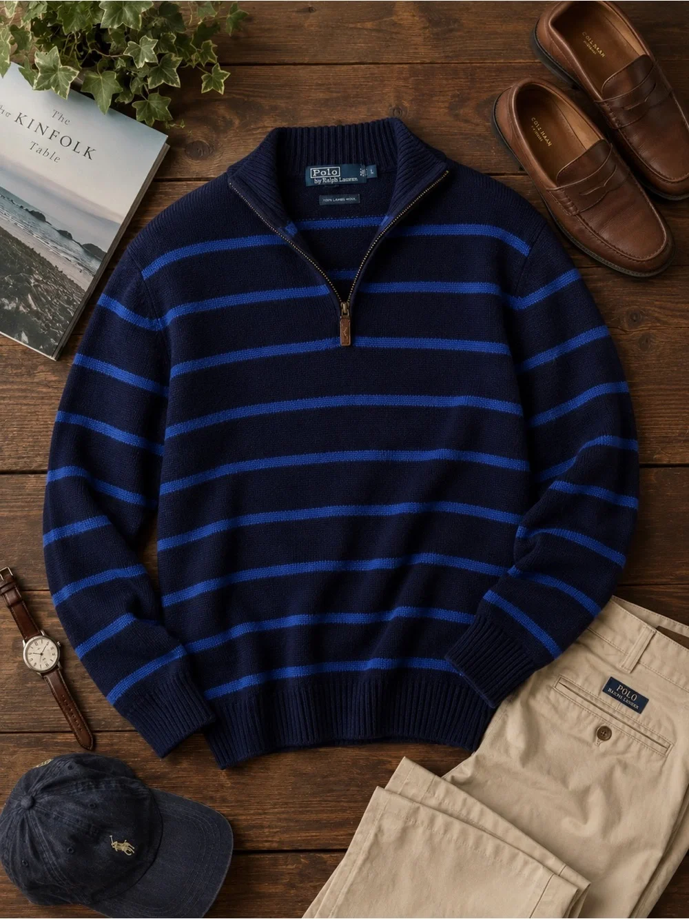 Polo Ralph Lauren | 100% Lambswool Quarter Zip Sweater Blue Striped | Size Large